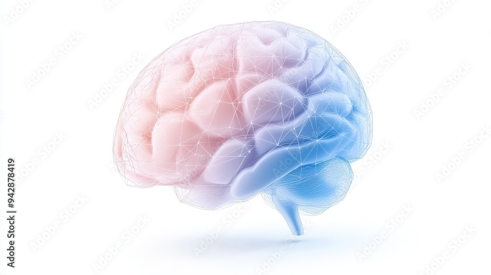 A brain with a pink and blue color scheme. The brain is shown in a 3D form A brain with a pink and blue color scheme. The brain is shown in a 3D form