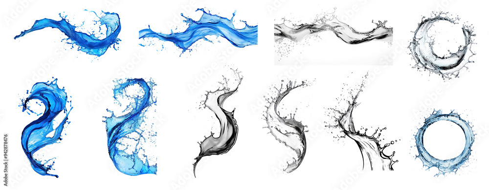 Collection of a blue splash of water on a curve shape bold lines ...