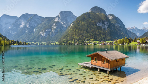 Crystal clear water and Alps in the background with the bungalow on water photo