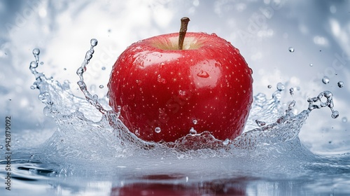 Isolated on white background, a whole red apple sinking into water with a dramatic splash captured around it.