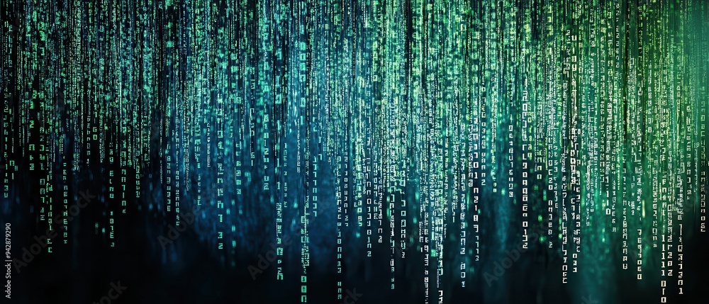 Abstract Digital Code Stream - Green and Blue Binary Data Flowing Downward Abstract Digital Code Stream - Green and Blue Binary Data Flowing Downward