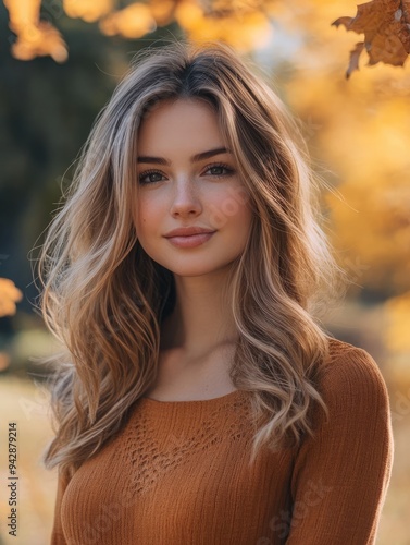 Autumn portrait of a young woman with long wavy hair sitting by a window surrounded by fall foliage and warm light in a cozy setting