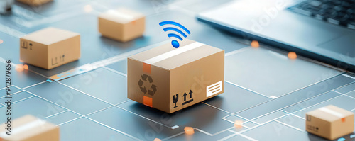 Graphic of a parcel traveling through various checkpoints with tracking updates at each stage, milestone tracking, delivery process