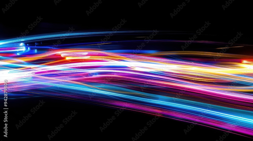 Abstract glowing lines of light streaks in purple, blue, yellow, and white on a black background. Abstract glowing lines of light streaks in purple, blue, yellow, and white on a black background.