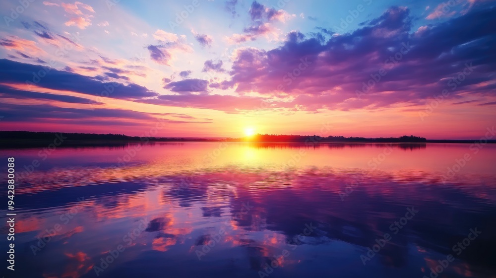 Fototapeta premium A stunning sunset over a tranquil lake, reflecting vibrant colors with plenty of space for text. Perfect for relaxation, nature, or seasonal themes.