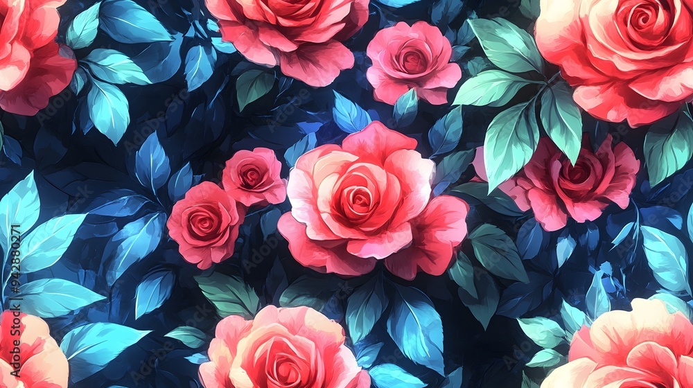 A beautiful image of a field of red roses with blue leaves. The roses are in various sizes and are scattered throughout the field. The blue leaves add a pop of color to the scene, creating a serene A beautiful image of a field of red roses with blue leaves. The roses are in various sizes and are scattered throughout the field. The blue leaves add a pop of color to the scene, creating a serene