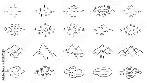 Isometric Icons of Geographic Landscapes with Contour Lines. Vector editable outline stroke.