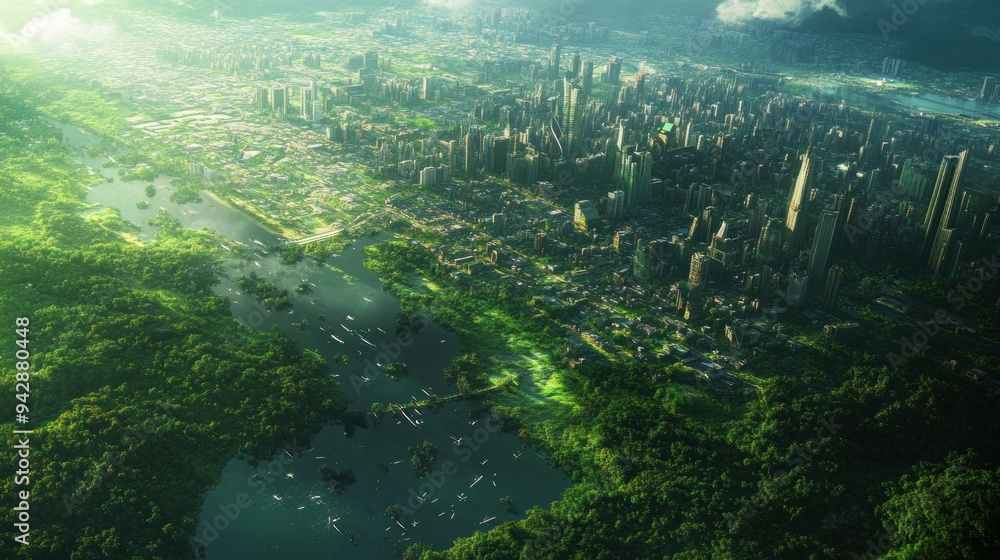 A City Overgrown with Lush Vegetation, Seen From Above A City Overgrown with Lush Vegetation, Seen From Above