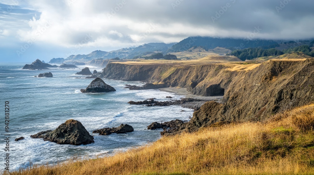 A sweeping view of a rugged coastline with cliffs and ocean waves, offering wide space for text. Perfect for coastal, travel, or adventure promotions. A sweeping view of a rugged coastline with cliffs and ocean waves, offering wide space for text. Perfect for coastal, travel, or adventure promotions.