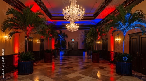 Wallpaper Mural Opulent Event Space with Crystal Chandeliers, Potted Palm Trees, and Warm Lighting with Red and Blue Accents Torontodigital.ca
