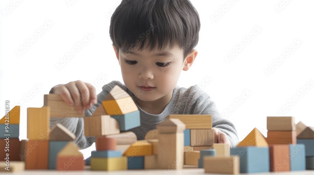 Close-up photo of a young child who is focused and focused on the activity in front of him. Child development, clear background.