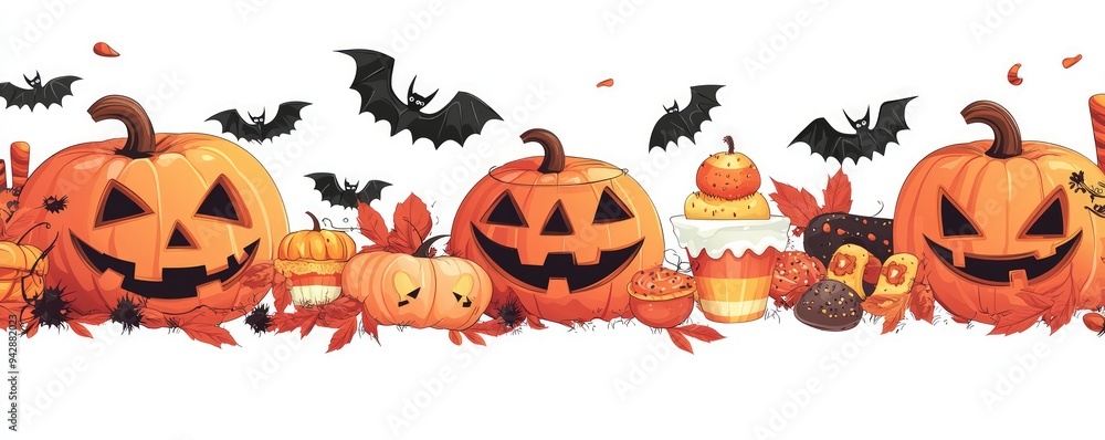 High-resolution art of cartoon Halloween pumpkins and bats, white isolated background. High-resolution art of cartoon Halloween pumpkins and bats, white isolated background.