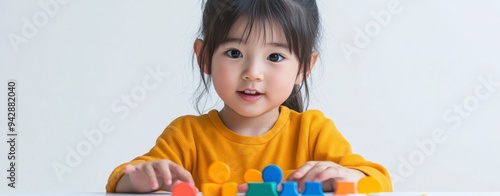 Close-up photo of a young child who is focused and focused on the activity in front of him. Child development, clear background. photo