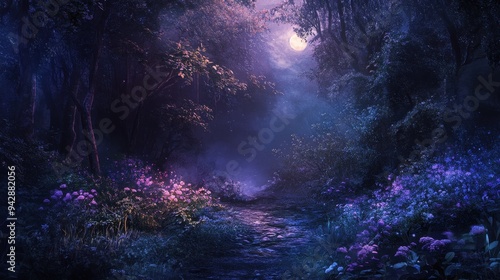 Mystical Forest Path Under Full Moon with Flowers - Nighttime Nature Scene.