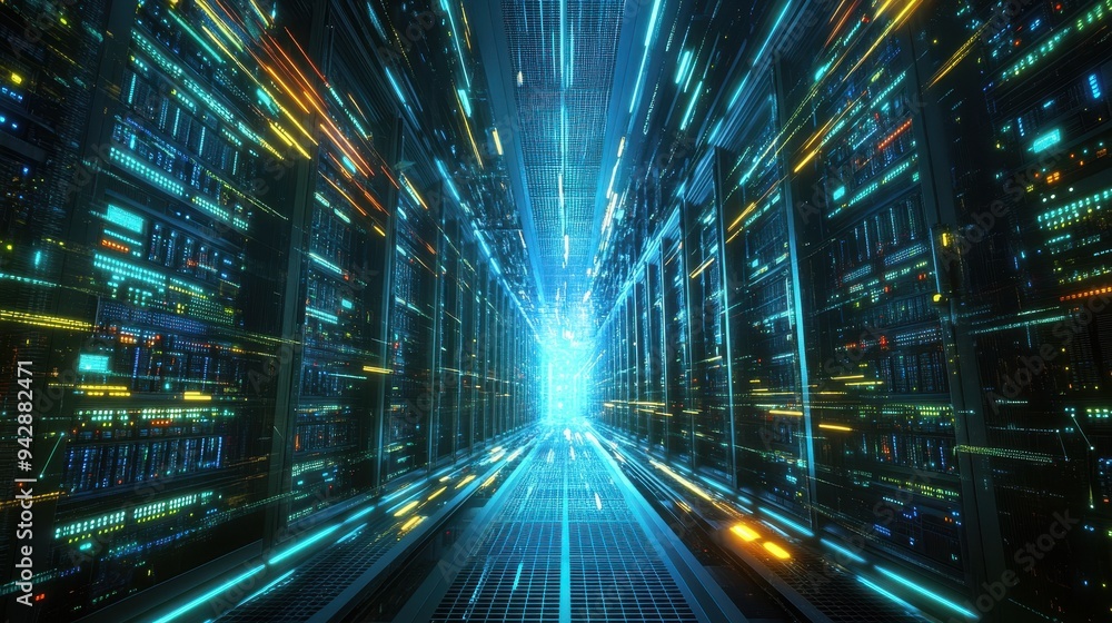 Futuristic Server Room with Glowing Lights and Data Streams - Abstract Technology Background. Futuristic Server Room with Glowing Lights and Data Streams - Abstract Technology Background.