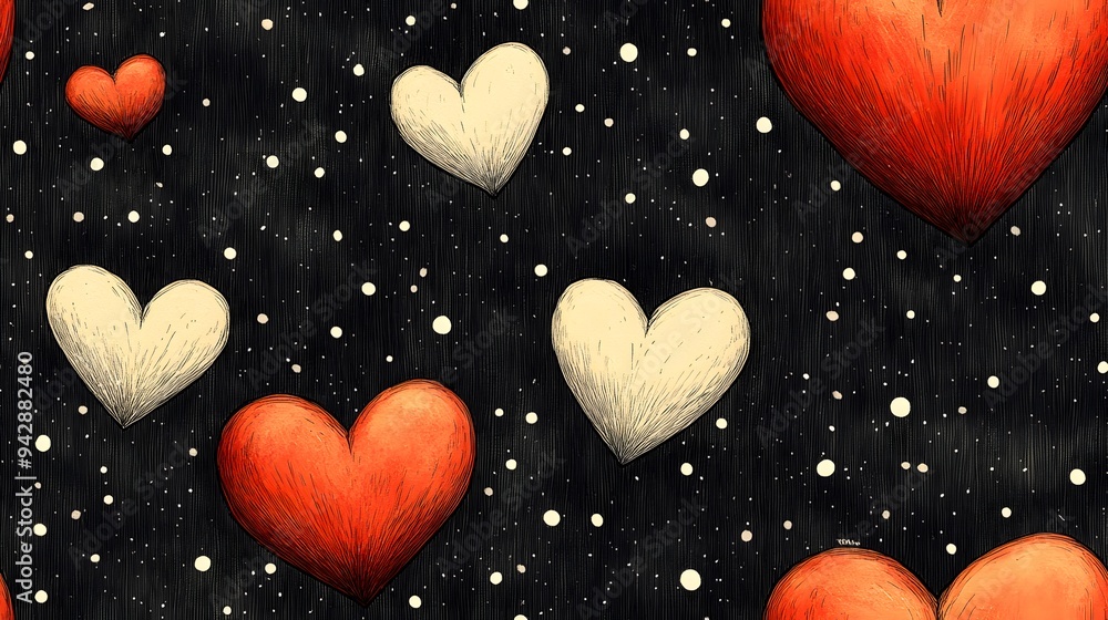 A black and white image of hearts with red and white hearts. The hearts are scattered throughout the image, with some overlapping each other. The image has a vintage feel to it A black and white image of hearts with red and white hearts. The hearts are scattered throughout the image, with some overlapping each other. The image has a vintage feel to it