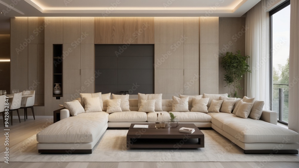 Modern Living Room with Sectional Sofa and Wooden Coffee Table Modern Living Room with Sectional Sofa and Wooden Coffee Table