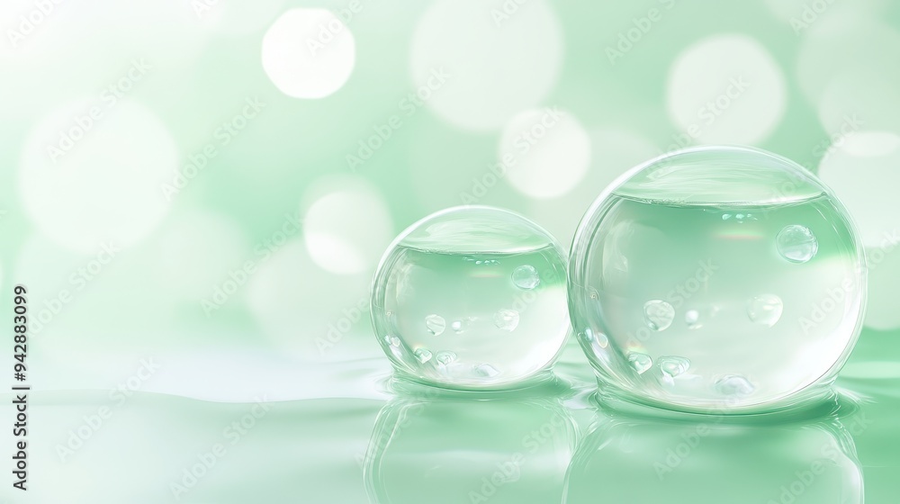 Two clear spheres of water on a green background Two clear spheres of water on a green background