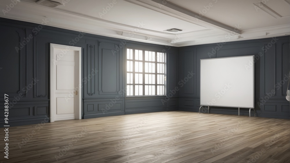 Empty Room with Whiteboard, Window, and White Door Empty Room with Whiteboard, Window, and White Door