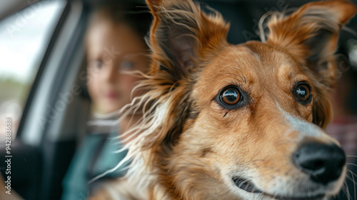 Close-up of a dogâs face, ears flapping in the wind, with the blurred background of the car interior and family. photo