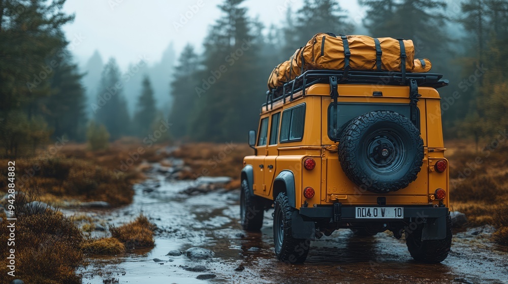 an SUV packed with camping gear, ready for an outdoor adventure, emphasizing rugged travel. an SUV packed with camping gear, ready for an outdoor adventure, emphasizing rugged travel.