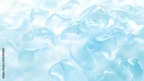 A blue background with ice cubes scattered throughout. The ice cubes are all different sizes and shapes, creating a sense of depth and texture. Scene is cool and refreshing