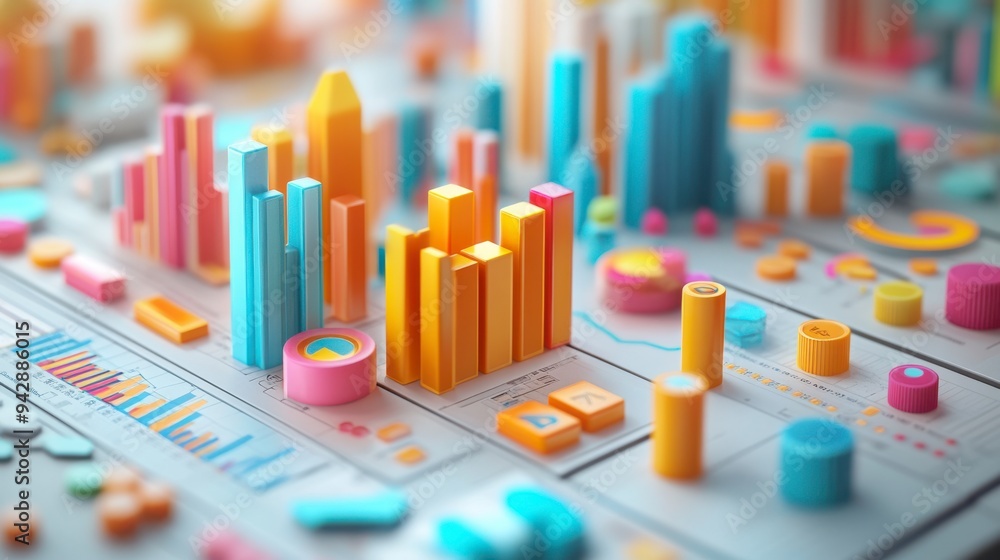 3D Illustrator about charts, statistics, stocks, marketing, cute style, pastel color tones. 3D Illustrator about charts, statistics, stocks, marketing, cute style, pastel color tones.