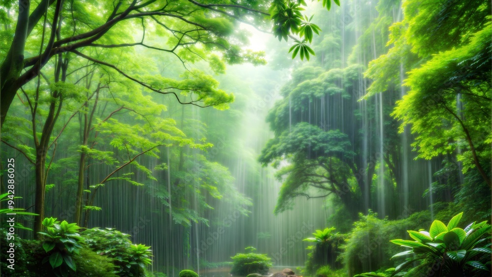 Gentle rain falling on a lush green forest, peaceful weather, nature's tranquility Gentle rain falling on a lush green forest, peaceful weather, nature's tranquility