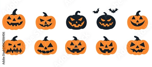 Graphical Halloween pumpkin faces, simple flat vector style, easy to use. photo