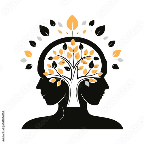 A symbolic vector illustration featuring a dual head silhouette with a tree of life growing inside, surrounded by leaves. Ideal for themes of mental health, growth, and mindfulness.