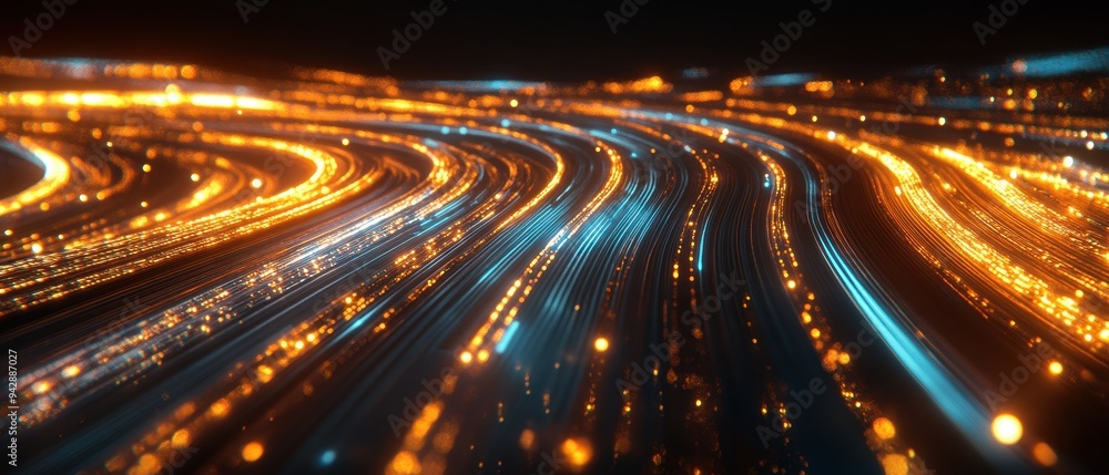 Abstract Golden and Blue Light Trails on Black Background - Futuristic Technology and Digital Concept Abstract Golden and Blue Light Trails on Black Background - Futuristic Technology and Digital Concept