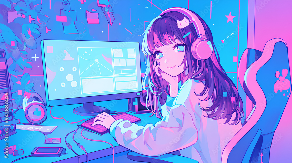 a girl is playing games on the computer, anime style, cute kawaii, simple, smiling happy, neon psychedelic background a girl is playing games on the computer, anime style, cute kawaii, simple, smiling happy, neon psychedelic background