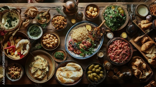 A Rustic Table Spread with Various Dishes and Bread