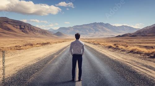 A person stands alone on an open road, reflecting on life amidst a stunning mountainous landscape under a bright sky.