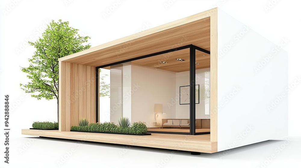 Tiny 3D modern house with rooftop succulents garden, wooden accents, open sky, sustainable minimalism Tiny 3D modern house with rooftop succulents garden, wooden accents, open sky, sustainable minimalism