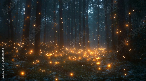 Halloween magical dark fairy tale forest at night with glowing lights  perfect for enchanting invitations  decorations  or themed events with copy space.