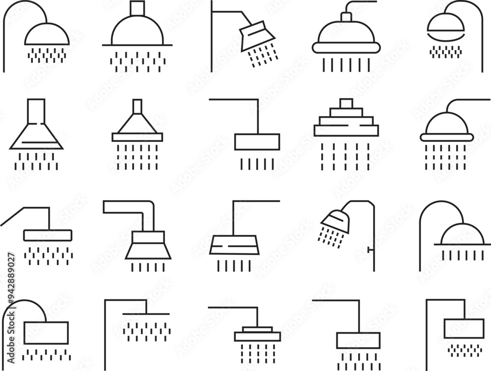 Fototapeta premium Set of Shower Head vectors for Adverts. Suitable for books, stores, shops. Taking bath shower icons signs. Bathroom shower pictogram symbols in black Outline styles isolated on transparent background.