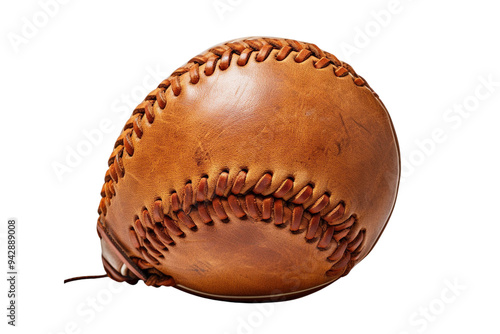 A close-up view of a vintage brown leather baseball glove, showcasing its intricate stitching and classic design.