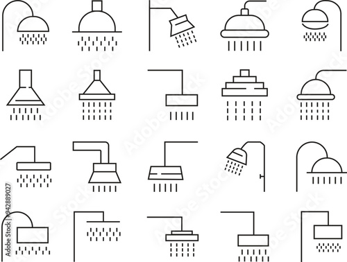 Set of Shower Head vectors for Adverts. Suitable for books, stores, shops. Taking bath shower icons signs. Bathroom shower pictogram symbols in black Outline styles isolated on transparent background.