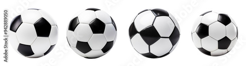 A collection of classic soccer balls, showcasing their iconic black and white design, perfect for sports and recreation themes.