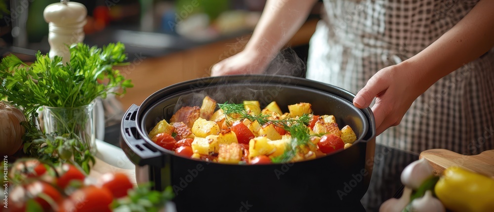 Savory Vegetable Stew Simmering in a Cast Iron Pot Savory Vegetable Stew Simmering in a Cast Iron Pot