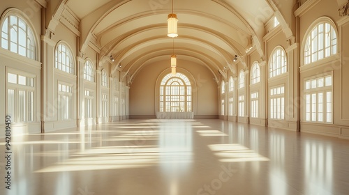 Luxurious Empty Event Space with High Vaulted Ceilings, Gleaming Floors, and Serene Neutral Tones