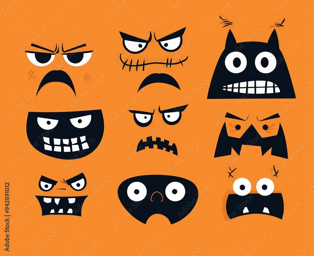 Simple line art showcasing various scary faces for Halloween vector designs. Simple line art showcasing various scary faces for Halloween vector designs.