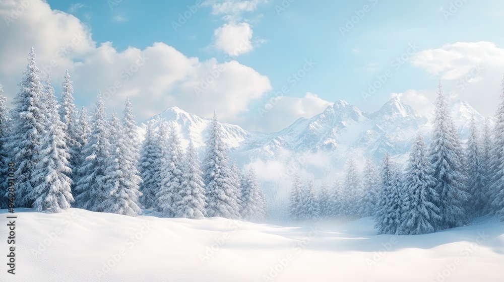 Fototapeta premium A serene winter landscape with snow-covered trees and mountains, leaving room for text in the sky. Ideal for seasonal, holiday, or nature themes.