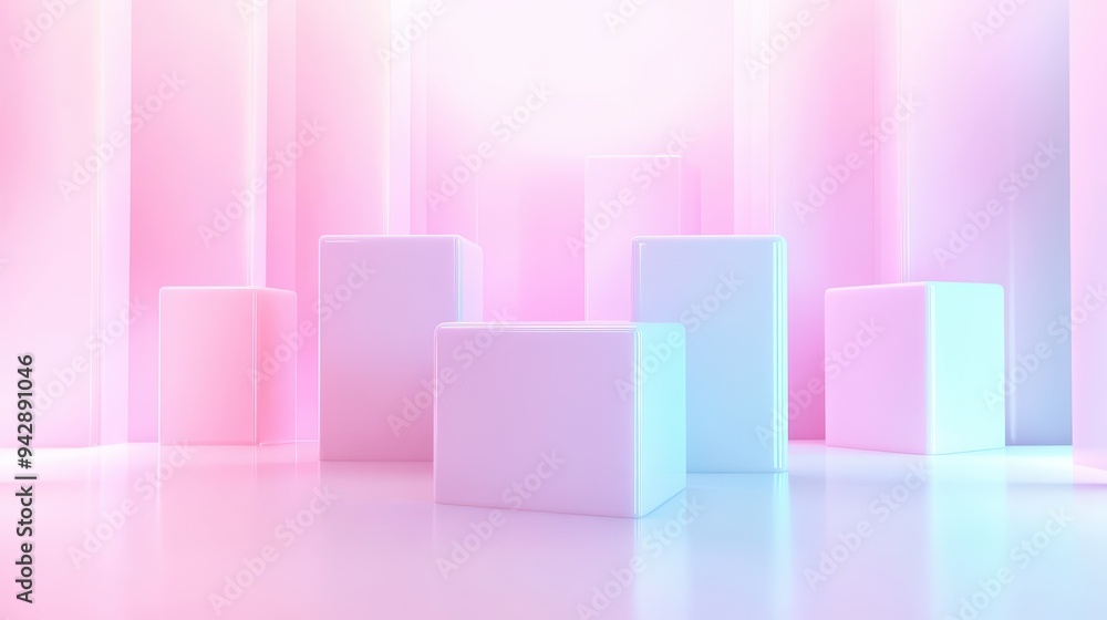 A room with pink walls and white boxes. The boxes are arranged in a row and are all the same size A room with pink walls and white boxes. The boxes are arranged in a row and are all the same size