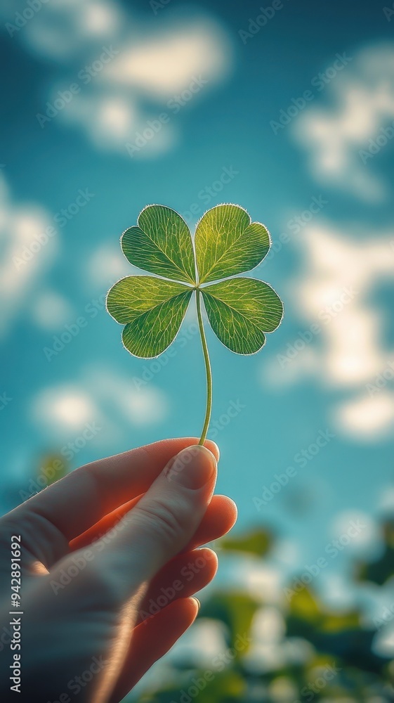 Woman holding green four leaf clover in hand and cloud blue sky background,Patricks day watercolor clipart,Spring flower pattern,Many shamrock plants,the Irish happy background,space for text. Woman holding green four leaf clover in hand and cloud blue sky background,Patricks day watercolor clipart,Spring flower pattern,Many shamrock plants,the Irish happy background,space for text.
