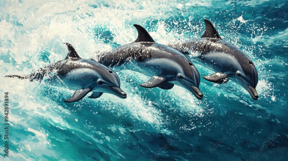 Obraz premium Three Dolphins Leaping Through Ocean Waves