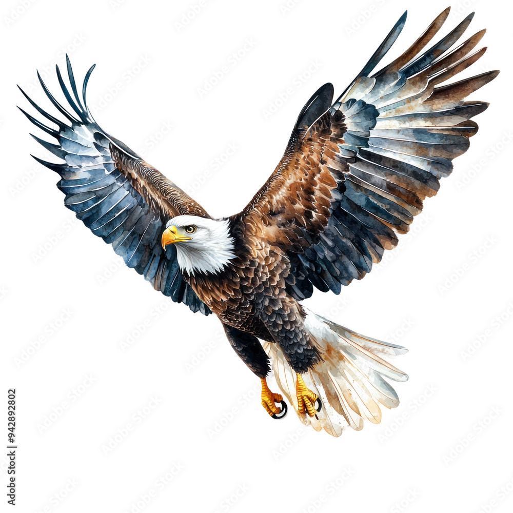 Obraz premium A high-quality photo of a majestic eagle in flight, depicted in a watercolor clipart style on a white background. The eagle's wings are spread wide, showcasing its impressive wingspan and feather