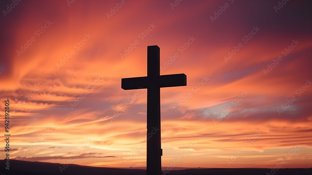 a lone cross silhouetted against a fiery sunset sky. The colors blend—orange, pink, and purple—as if heaven itself is embracing the cross. a lone cross silhouetted against a fiery sunset sky. The colors blend—orange, pink, and purple—as if heaven itself is embracing the cross.