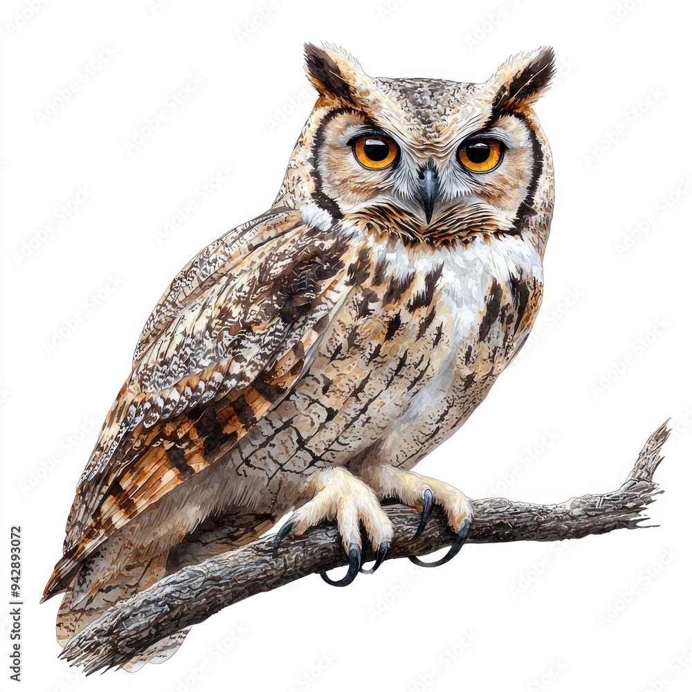 A detailed realistic photo of a wise owl perched on a branch, depicted in watercolor clipart style. The owl's feathers are painted with subtle shades, and its eyes are keenly focused forward. A detailed realistic photo of a wise owl perched on a branch, depicted in watercolor clipart style. The owl's feathers are painted with subtle shades, and its eyes are keenly focused forward.